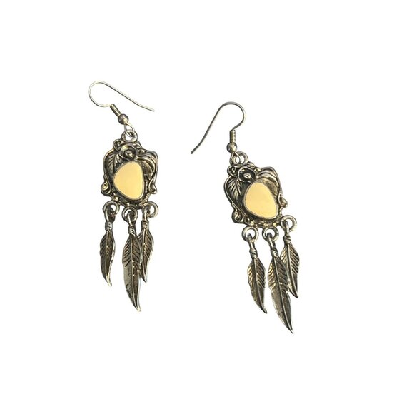 Vintage Silver Tone Dangle Earrings Cream Enamel Feather Dangles Estate 3" - Picture 1 of 6